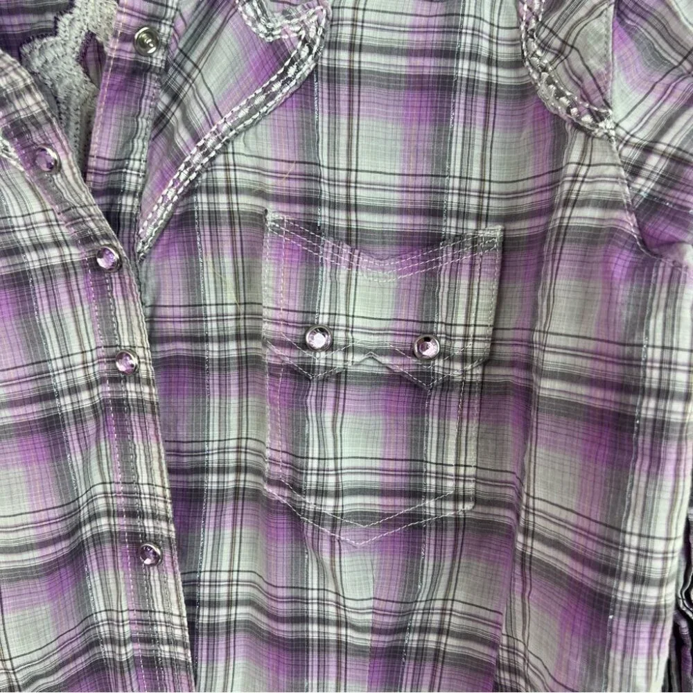 Rock 47 by Wrangler button down embroidery cross back Purple Plaid Casual Shirt